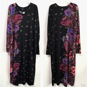 Ulla Popken Relaxed Fit Dress 12/14 Black Paisley Floral Sheath Midi Casual Knit